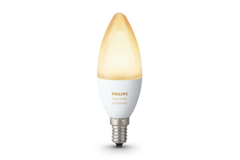 Philips Hue White Ambiance LED p�re p� 6W med E14 fatning, der kan skifte mellem et koldt og varmt lys fra 2200K-6500K. Skal anvendes med en Philips Hue Bridge.