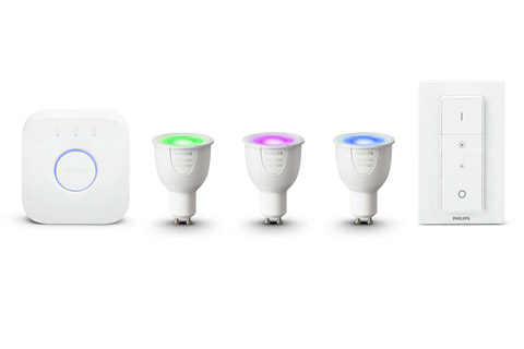 Philips Hue White Starter Kit, best�ende af 3 x GU10 Color p�re, 1 x Bridge 2.0 og 1 x Lysd�mper.