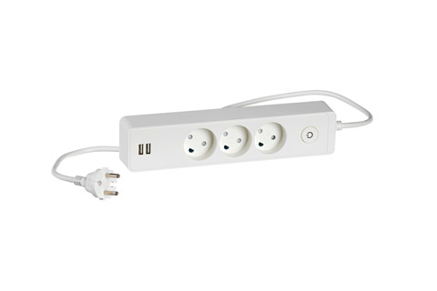 LK Design 230V 3-way power strip with 2 USB ports and without ground - White