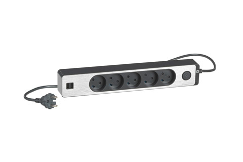 LK Design 230V 5-way power strip with 2 USB ports and without ground - Alu black