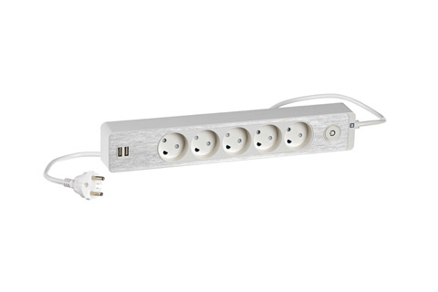 LK Design 230V 5-way power strip with 2 USB ports and without ground - Alu white
