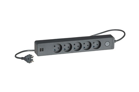 LK Design 230V 5-way power strip with 2 USB ports and without ground - Black