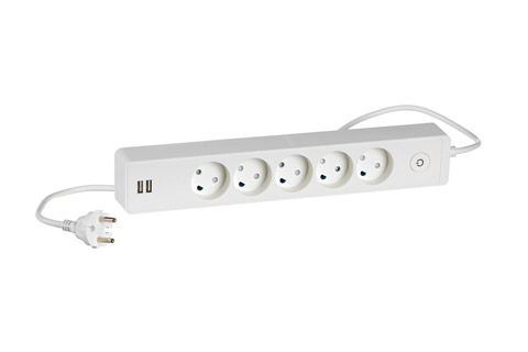 LK Design 230V 5-way power strip with 2 USB ports and without ground - White