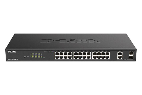 D-Link DGS-1100-26MPV2 Network Gigabit Switch, 24 Port POE+, 4 Port (SFP) - Front