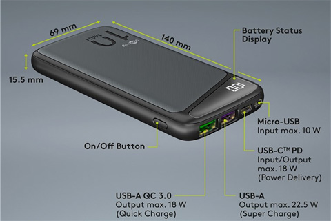 USB Powerbank, 10.000 mAh, PD, QC 3.0, specifications