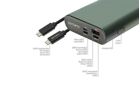 4smarts 4smart Quick Charge 3.0 USB Powerbank with PD, 20.000 mAh(130W) - Grøn