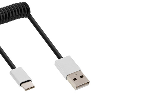 InLine USB 2.0 USB A til USB-C med spiralkabel, sort, 2.00 meter