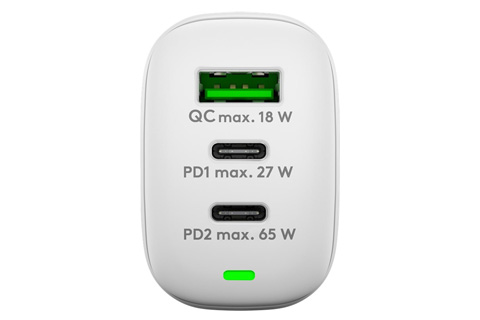 3-ports USB-A / USB-C oplader (65W PD/QC 3.0), hvid