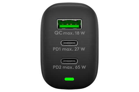 3-ports USB-A / USB-C oplader (65W PD/QC 3.0), sort