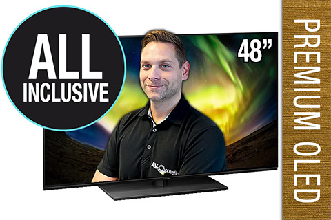 Panasonic All Inclusive Premium 48'' OLED TV leveret og installeret på bordfod