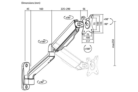 Monitor single Wall bracket  - Dimensions