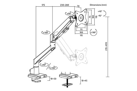 Monitor single table, bracket - Dimensions