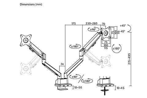 Monitor dobbelt table bracket 17-32 tommer - Dimensions