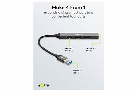 4-port USB hub slim med kabel