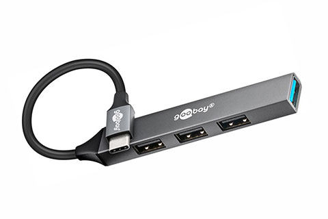 4-port USB-hub slim med kabel (USB-A/C)