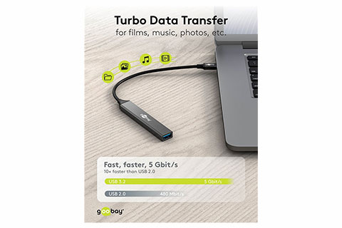 4-port USB-hub slim med kabel (USB-A/C)