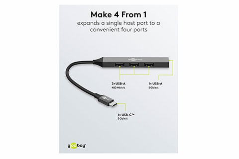 4-port USB-hub slim med kabel (USB-A/C)