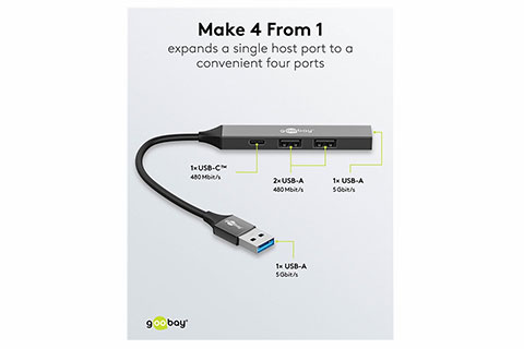 4-port USB-hub slim med kabel USB-A to USB-A, USB-C