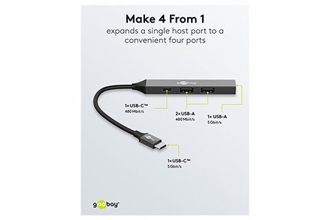 4-port USB-hub slim med kabel USB-C - USB-C, USB-A