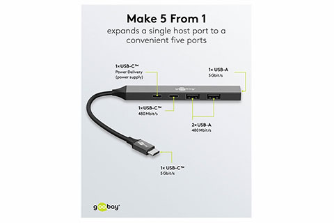 5-port USB-hub slim med kabel USC-C - USC-A, USB-C