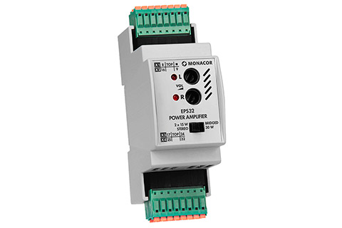 Monacor DIN rail PA amplifier 2x15W