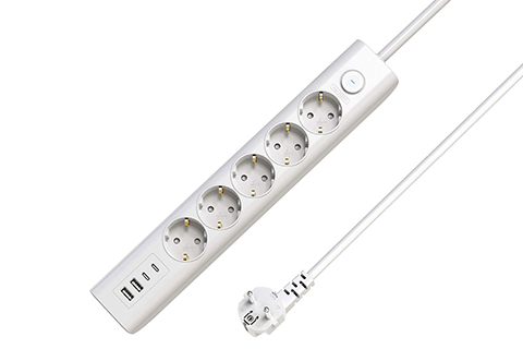 5-way USB Schuko Power Strip on/off switch, 1.5m, White