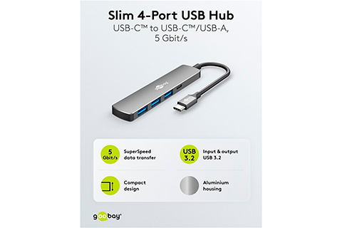 4-port USB hub slim with cable (1x USB-C, 3x USB-A, 5 Gbit/s)
