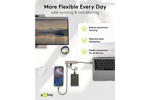 4-port USB hub slim with cable (1x USB-C, 3x USB-A, 5 Gbit/s)