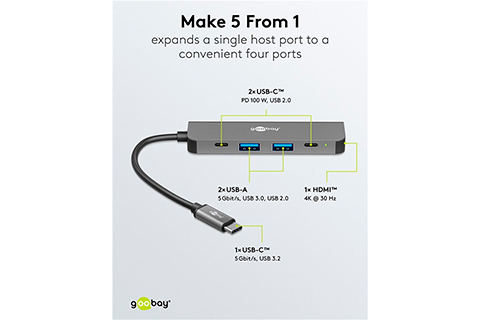 5-Port USB Hub with HDMI (2x USB-C, 2x USB-A, 1x HDMI 5Gbit/s)