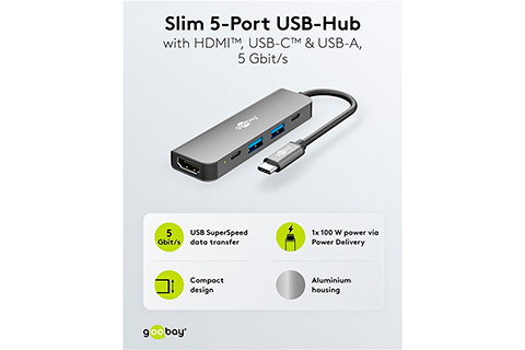 5-Port USB Hub with HDMI (2x USB-C, 2x USB-A, 1x HDMI 5Gbit/s)