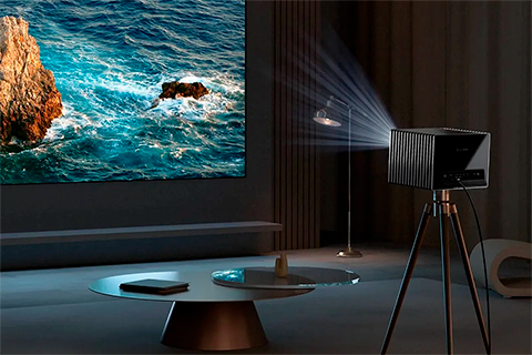 Valerion Projector Tripod Stand | Walnut - Lifestyle