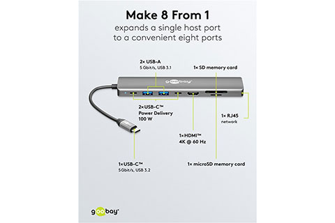 8-port USB hub with HDMI (4x USB, 1x HDMI, 1x RJ451, 1x SD, 1x MicroSD) - Lifestyle