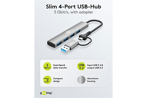2-in-1 Slim 4-Port USB Hub, 5 Gbit/s (1x USB-C, 4x USB-A) - Lifestyle