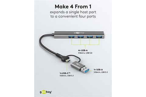 2-in-1 Slim 4-Port USB Hub, 5 Gbit/s (1x USB-C, 4x USB-A) - Lifestyle