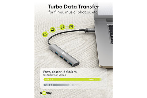 2-in-1 Slim 4-Port USB Hub, 5 Gbit/s (1x USB-C, 4x USB-A) - Lifestyle