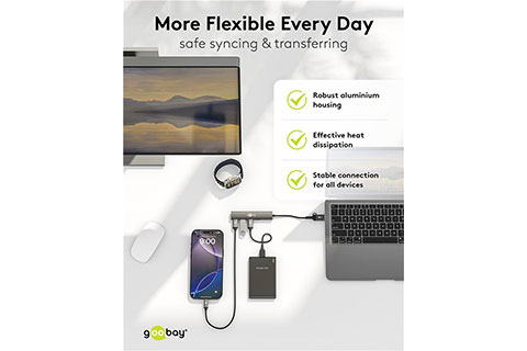 2-in-1 Slim 4-Port USB Hub, 5 Gbit/s (1x USB-C, 4x USB-A) - Lifestyle