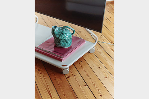 Pedestal Disco TV Stand With Wheels - Lifestyle