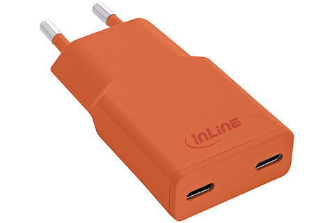 Dual USB-C charger, compact (2x30W PD) - Orange