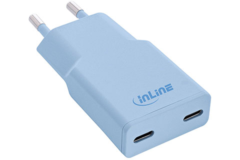 Dual USB-C charger, compact (2x30W PD) - Blue
