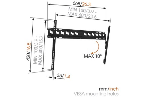 Vogels MA4010 tilt wall support (40–80) - Dimensional Drawing