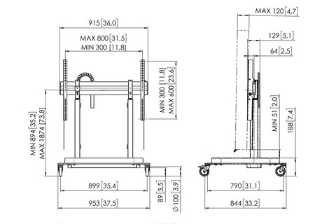 Vogels Rise 5208 Motorized floorstand movable monitor trolley (55-98, max. 120kg.) - Dimensional Drawing