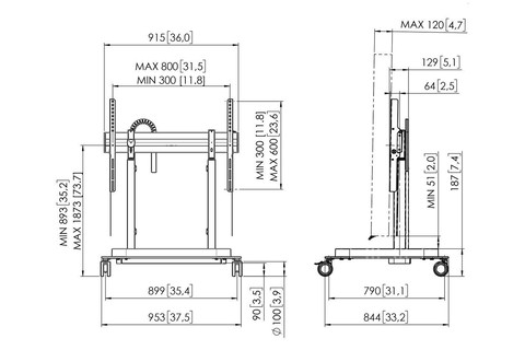 Vogels Rise 5305 Motorized floorstand movable monitor trolley (43-98, max. 120kg.) - Dimensional Drawing
