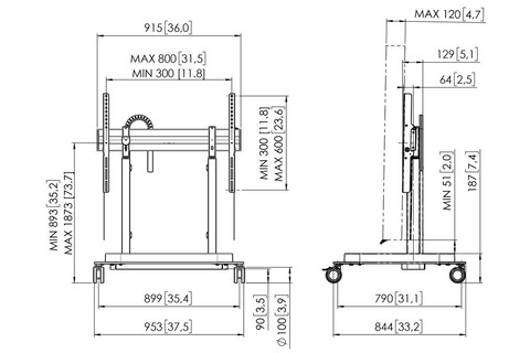 Vogels Rise 5308 Motorized floorstand movable monitor trolley (43-98, max. 120kg.) - Dimensional Drawing