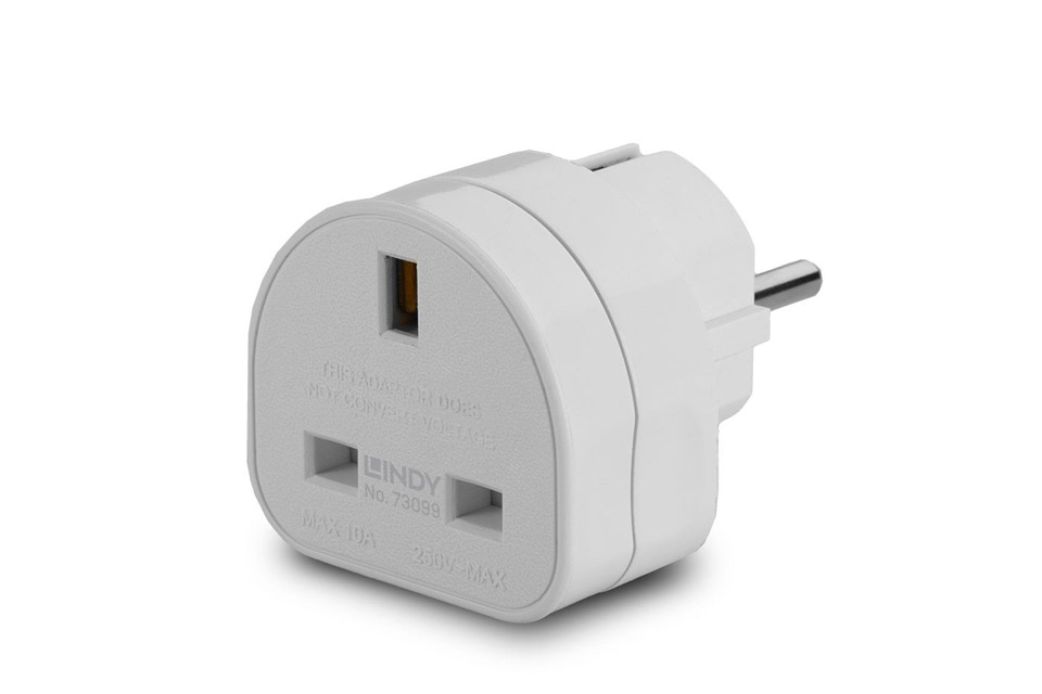 Lindy UK to EU power adapter for Schuko outlets